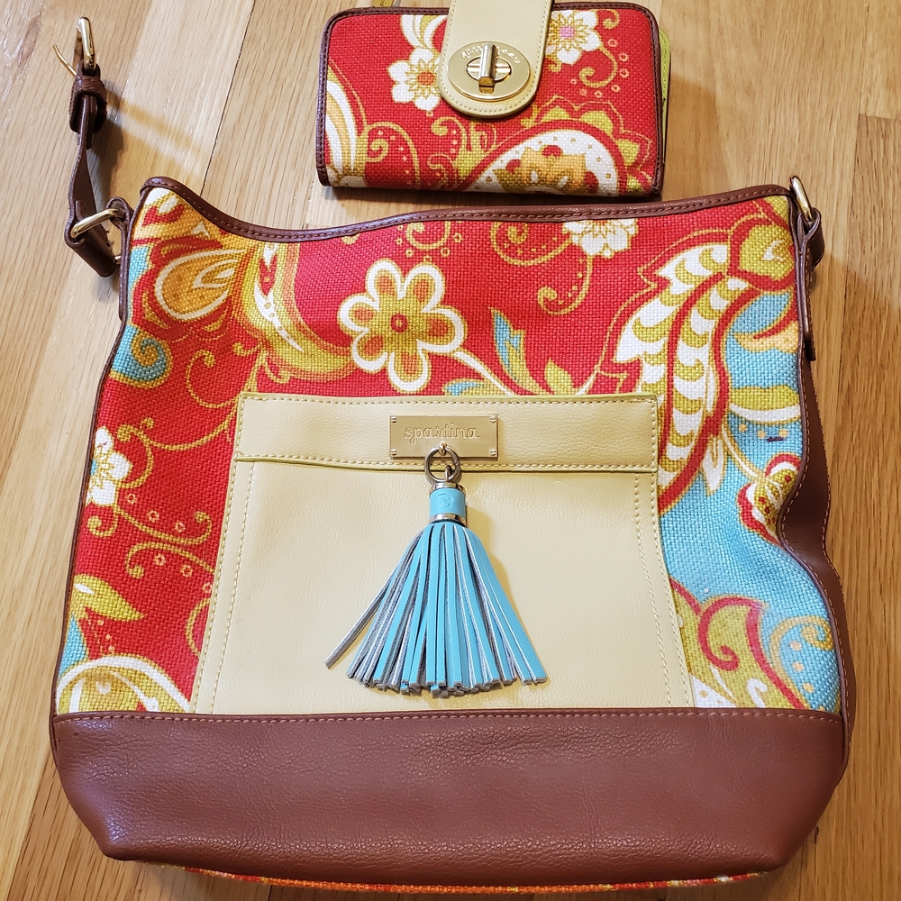 Spartina 449 Red And Brown Multi Bag (With No Strap) And Matching Wallet
